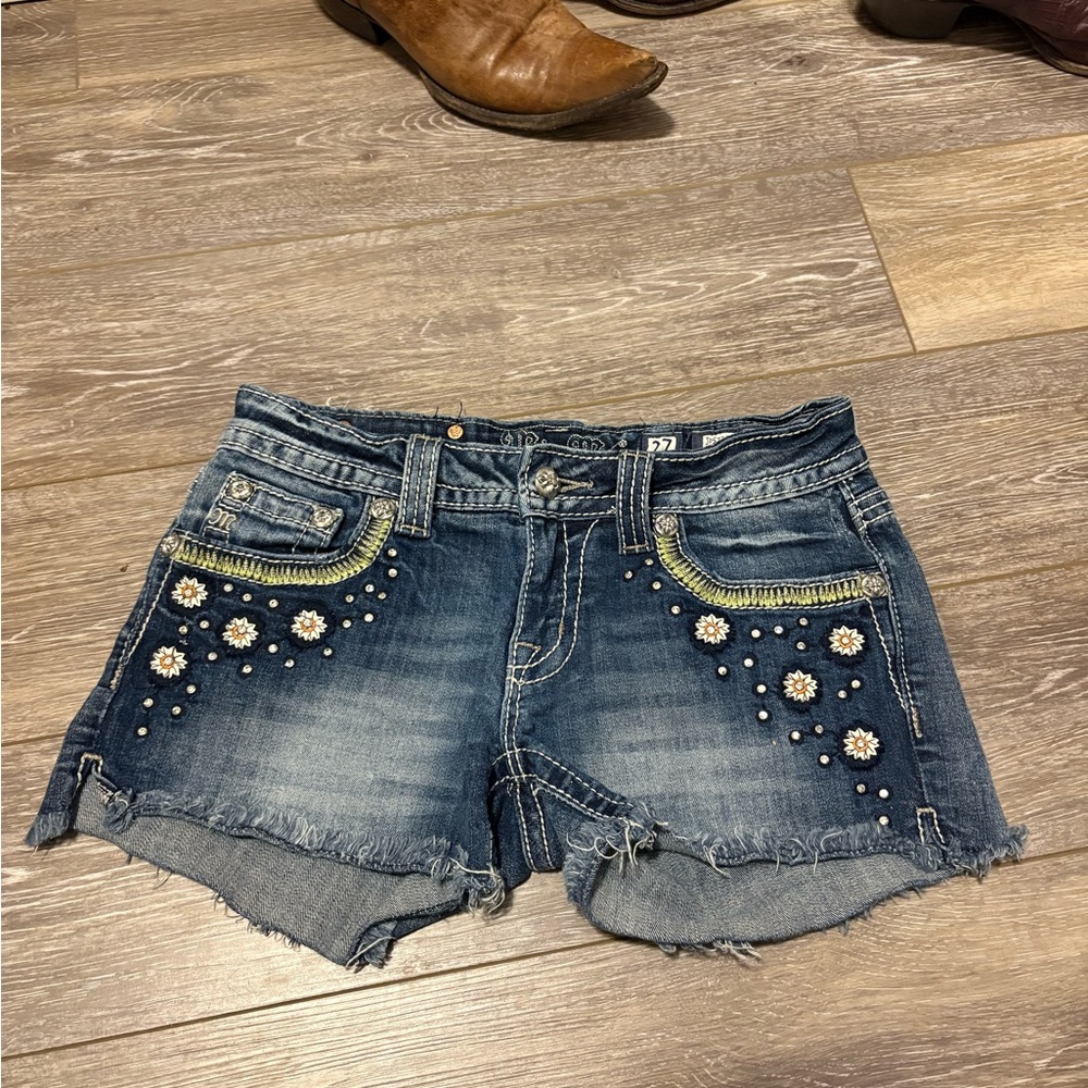 Miss Me Blue Jean Shorts with Floral Accents